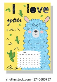 Cute monthly calendar of 2021 with a llama, cactus, inscriptions in the Scandinavian children's style. For web, banners, posters, labels and print