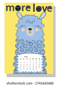 Cute monthly calendar of 2021 with a llama, cactus, inscriptions in the Scandinavian children's style. For web, banners, posters, labels and print