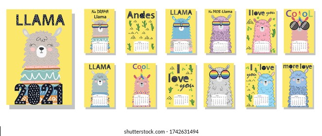 Cute monthly calendar of 2021 with a llama, cactus, inscriptions in the Scandinavian children's style.  