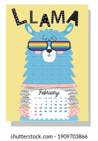 Cute monthly calendar of 2022 with a llama, cactus, inscriptions in the Scandinavian children's style. Wall vertical calendar for 2022, the week starts on Sunday. A4 format.