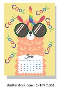 Cute monthly calendar of 2022 with a llama, cactus, inscriptions in the Scandinavian children's style. Wall vertical calendar for 2022, the week starts on Sunday. A4 format.