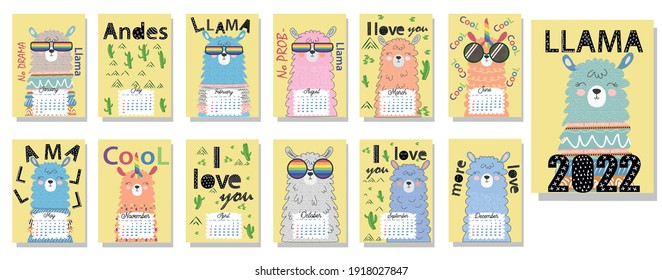 Cute monthly calendar of 2022 with a llama, cactus, inscriptions in the Scandinavian children's style. Wall vertical calendar for 2022, the week starts on Sunday. A4 format.