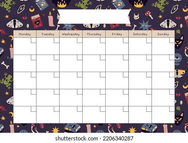 Cute monthly calendar template with magic occult things,  witchcraft, cartoon style. Printable A4 paper sheet, planner for bullet journal. Trendy modern vector illustration, hand drawn, flat design.