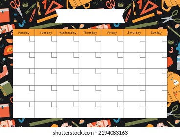 Cute monthly calendar template, school stationery and art supplies, cartoon style. Printable A4 paper sheet, planner for bullet journal page. Trendy modern vector illustration, hand drawn, flat design