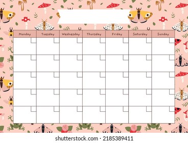 Cute monthly calendar template without numbers, summer vibe, cartoon style. Printable A4 paper sheet, planner for bullet journal page. Trendy modern vector illustration, hand drawn, flat design.