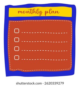 Cute Monthly plan Journal, Notepad, Planner Label, Paper Sheet, Sticky Note Vector Illustration