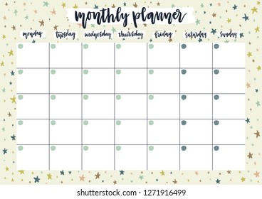 Cute monthly planner for 2019 year on pastel background with stars. A4 print ready open date calendar design. Template vector illustration.
