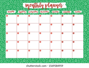 Cute monthly planner for 2020 year on Christmas tree pattern background. A4 printable open date calendar design. Template vector illustration.