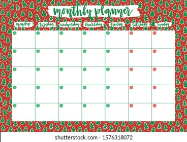 Cute monthly planner for 2020 year on Christmas tree pattern background. A4 printable open date calendar design. Template vector illustration.