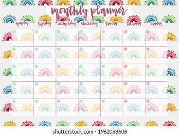 Cute monthly planner for 2021 year on colorful background with hand drawn rainbow. A4 print ready open date calendar design. Template vector illustration for self-organization and time management.