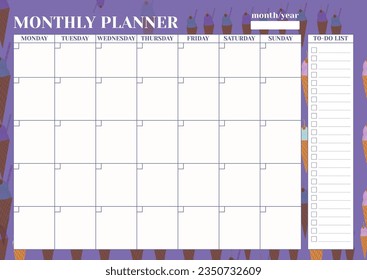 Cute Monthly planner with blank timetable, reminder girly monthly planner in purple with ice creams. Stay organized with colorful planner for print and plan your year 