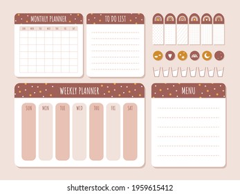 Cute monthly planner in boho style. Daily, weekly template. To do list. Business organizer page with stickers. Kids schedule. Flat cartoon vector illustration.