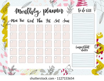 Cute Monthly Planner with doodle flowers and hand lettering, to do list, notes, impotant dates. Printable schedule, calendar for study, school or work. Vector illustration