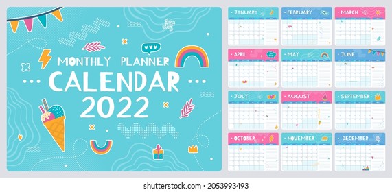 Cute monthly planner with doodles, 2022 calendar template. Kids schedule, school organizer with notes vector, month planning vector templates. Management for education and daily routine