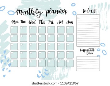 Cute Monthly Planner with doodles and hand lettering, to do list, notes, impotant dates. Printable schedule, calendar for study, school or work. Memphis pattern. Vector illustration