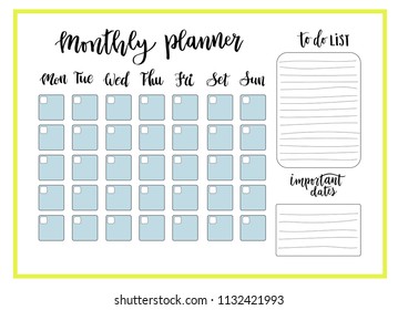 Cute Monthly Planner with doodles and hand lettering, to do list, notes, impotant dates. Printable schedule, calendar for study, school or work. Memphis pattern. Vector illustration