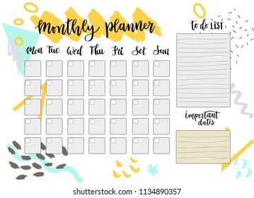 Cute Monthly Planner with doodles and hand lettering, to do list, notes, impotant dates. Printable schedule, calendar for study, school or work. Memphis pattern. Vector illustration