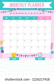 Cute monthly planner with drawn cats, balloons and garland. Template with place for notes. Vector illustration for print, office, school.