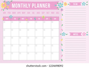 Cute monthly planner with drawn flower. Modern template with place for notes. Vector illustration for print, office, school.