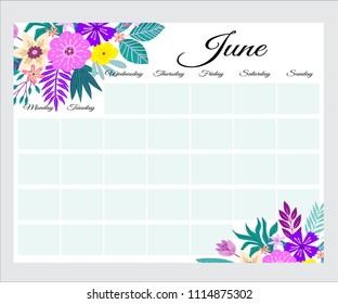 Cute Monthly Planner with flowers, to do list, notes, printable, vector