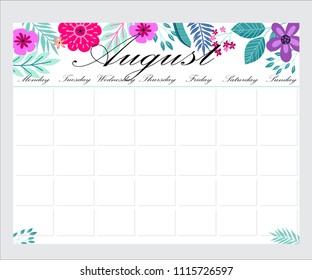 Cute Monthly Planner with flowers, to do list, notes, printable, vector