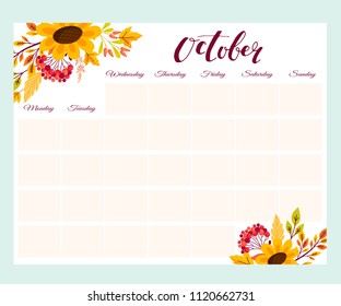 Cute Monthly Planner with flowers, to do list, notes, printable. Autumn Design. vector.