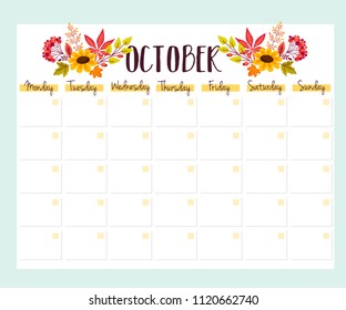 Cute Monthly Planner with flowers, to do list, notes, printable. Autumn Design. vector.