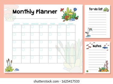 Cute Monthly Planner with flowers, to do list, notes. Printable vector