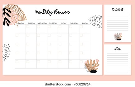 Cute Monthly Planner with flowers, to do list, notes, printable, vector
