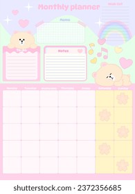 Cute monthly planner inspiration notepaper design printable .  White pink pages for tags , weekly notes,  to do list minimal style with animal cartoon character kawaii school board timetable 