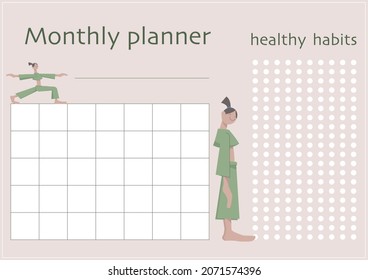 Cute Monthly Planner with Sport cute Cartoon Yoga girt and Healthy Habits list. Printable schedule, calendar for study, school or work. Memphis pattern. Vector illustration.
