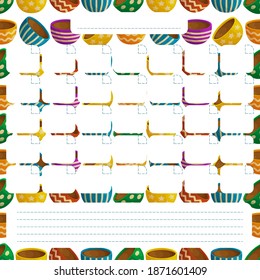 Cute monthly planner template. Pattern with colorful mugs with hot drinks. Grid for notes. White background. Flat style illustration.