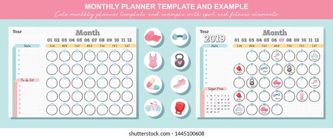 Cute Monthly Planner Template With Sport And Fitness Elements.