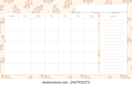 Cute monthly planner template with spring vibe and flower pattern, cartoon style.