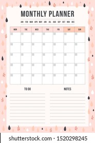 Cute Monthly Planning Template With Check And Place For Thing And Date In Scandinavian Style. Blank Planner With Notes On Background With Pink And Glitter Rain. Stylish Vector Illustration