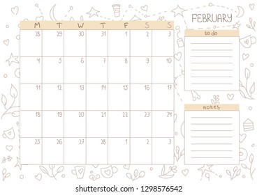 Cute monthly printable planner template for February 2019. Stationary organizer and schedule with hand drawn doodle. Romantic vector page with notes and to do list for daily plans, check lists