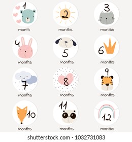 Cute months stickers with doodle animals and other elements. Vector hand drawn illustration.