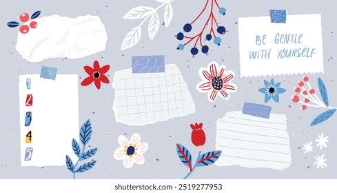 Tabuleiro de humor bonito, notas adesivas em branco, páginas de papel rasgado e flores de inverno rabiscos, ilustração plana sobre fundo azul. Conjunto de produtividade vetorial, projeto de placa de visão.