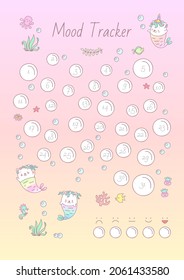 Cute Mood Tracker. Printable mood tracker decorated with little mermaid kittens and sea creatures. Vector 10 ESP.