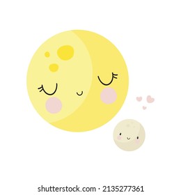 Cute Moon with baby. Cartoon style. Vector illustration. For kids stuff, card, posters, banners, children books, printing on the pack, printing on clothes, fabric, wallpaper, textile or dishes.
