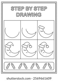 Cute moon. Book page, drawing step by step. Black and white vector coloring page. 