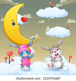Cute a moon with bunnies in the sky illustration