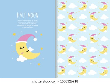 Cute Moon Cartoon Card Vector With Pattern Background