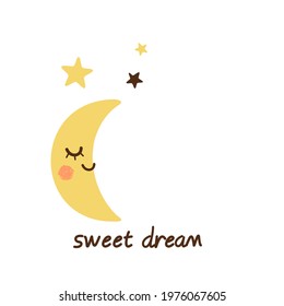 Cute moon cartoon, stars and hand written font on white background vector illustration. 
