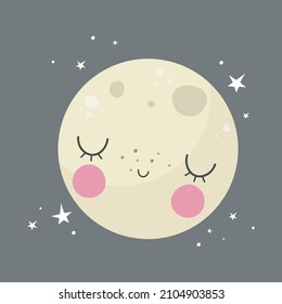Cute moon in cartoon style. Vector illustration. For kids stuff, card, posters, banners, children books, printing on the pack, printing on clothes, wallpaper, textile or dishes. Space theme.