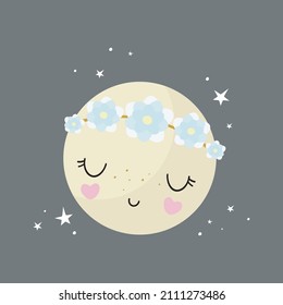 Cute moon in cartoon style. Vector illustration. For kids stuff, card, posters, banners, children books, printing on the pack, printing on clothes, wallpaper, textile or dishes. Space theme.