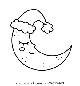 Cute moon. Cute character, black and white kawaii illustration, coloring page.