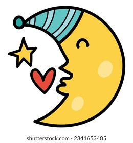 Cute moon character in cartoon style. Sweet dreams icon. Good night kiss concept for chore chart. Vector illustration