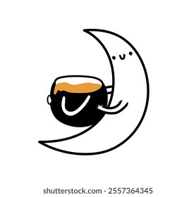 Cute moon character holding honey pot. Honey bee keeping icon. Hand drawn vector isolated illustration. 