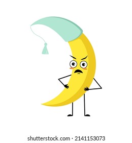 Cute moon character in nightcap with angry emotions, grumpy face, furious eyes, arms and legs. Person with annoyed expression and pose. Vector flat illustration
